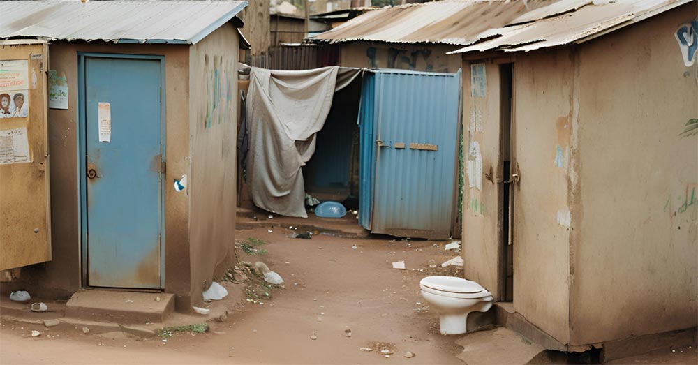 Halbverfallene Toilettenhäuschen in einem Slum.