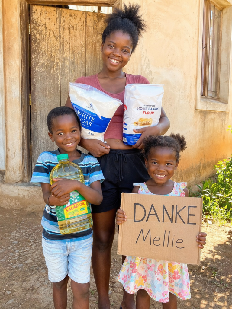 Eine junge Mutter mit Mehl und Zucker, daneben zwei Kinder; das Mädchen hält ein Pappschild mit der Aufschrift „DANKE Mellie“.