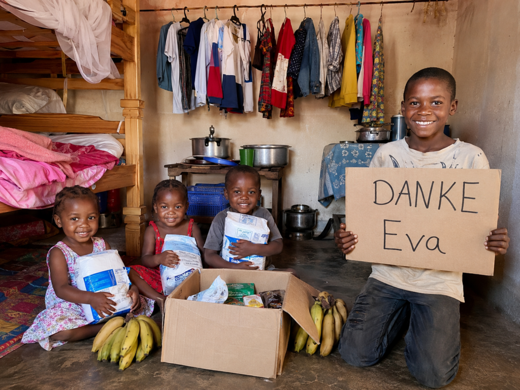 Vier Kinder sitzen um einen geöffneten Karton mit Mehl und Bananen; ein Junge hält ein Pappschild mit der Aufschrift „DANKE Eva“ hoch.