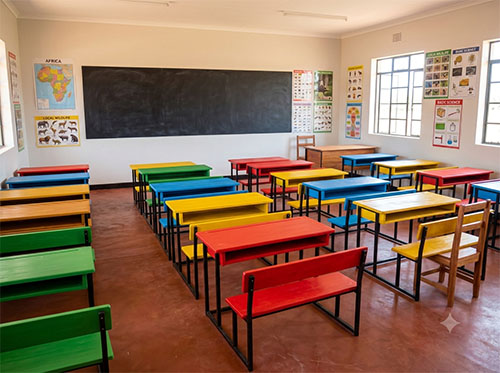 Ein neues Klassenzimmer ist fertig eingerichtet. 
