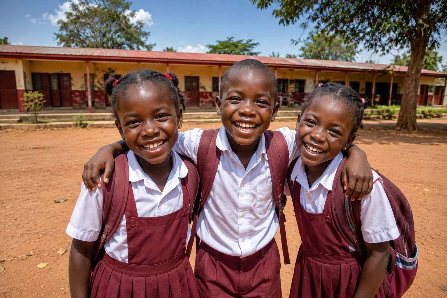 Schulkinder in Uniform lernen gemeinsam im Klassenzimmer