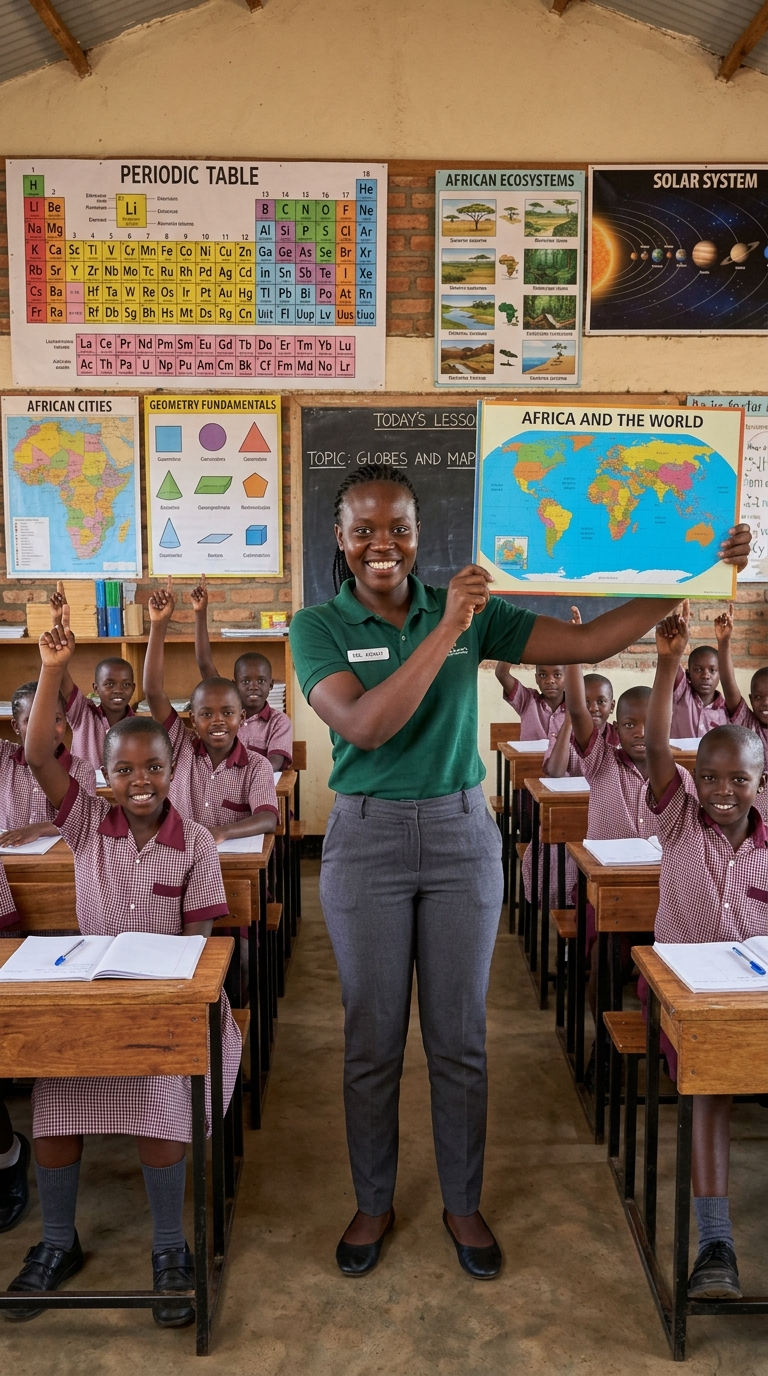 Lehrerin hält einen Atlas vor ihrer Schulklasse in Kenia – Bildung in Ostafrika zwischen Anspruch und Realität