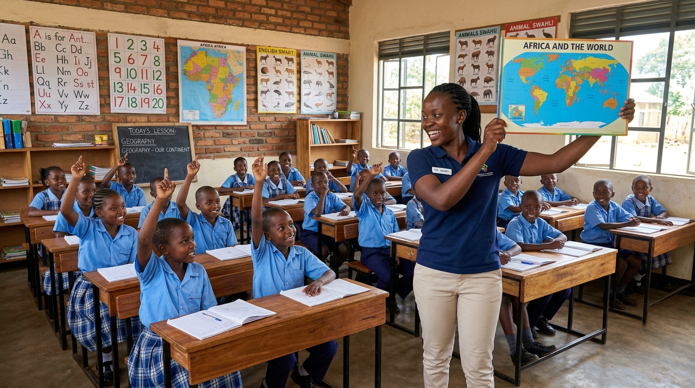 Schulklasse in Kenia: Kinder melden sich, während die Lehrerin einen Atlas mit Afrika-Karte zeigt – Schulprogramm von Planet Children