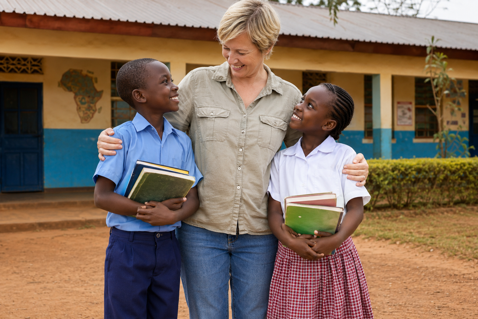 Ein Mädchen mit Schulranzen vor einem Wohnblock im Slum