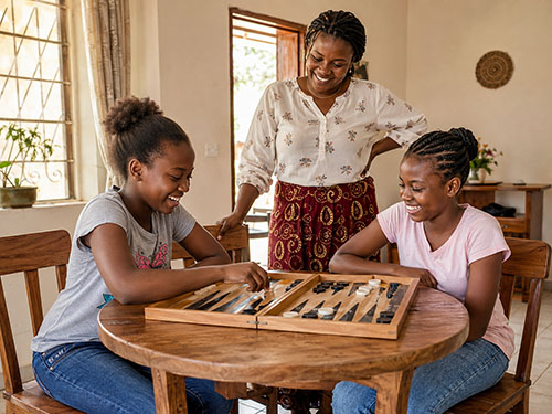 Zwei Mädchen spielen bei ihrer Gastmutter Backgammon