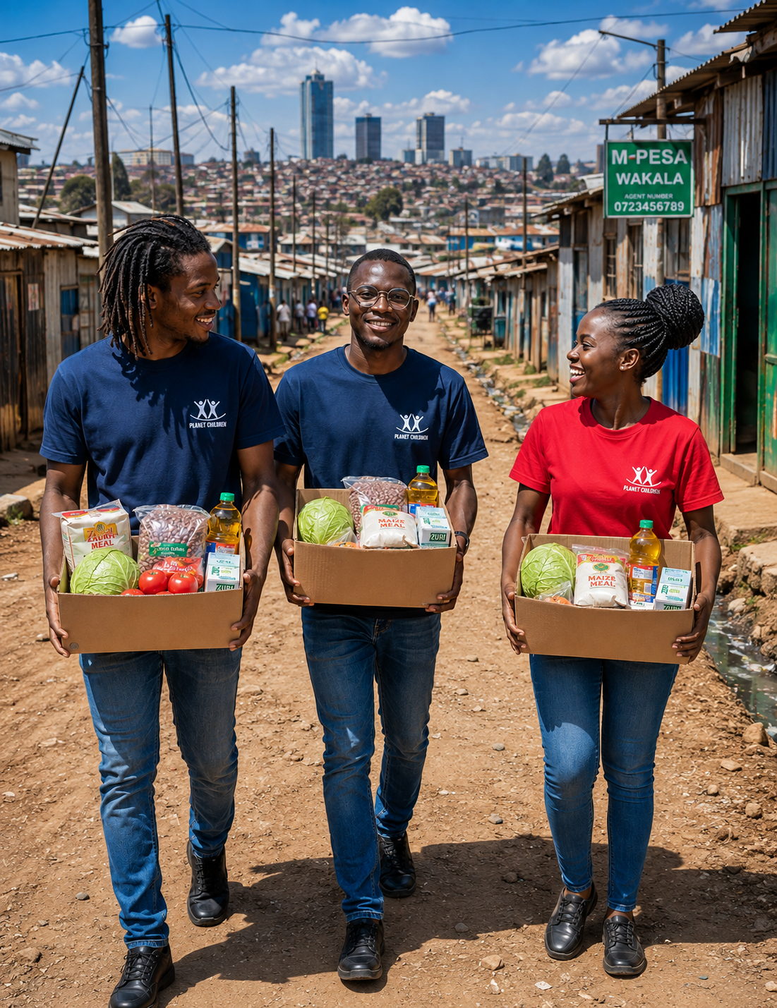 Drei Helferinnen und Helfer von Planet Children tragen gepackte FoodBoxen durch eine Siedlung in Kenia zu den Familien.