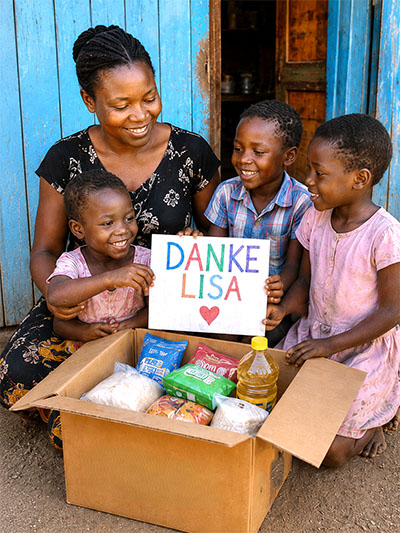 Eine Mutter mit ihren drei Kindern sitzt um ein Lebensmittelpaket.