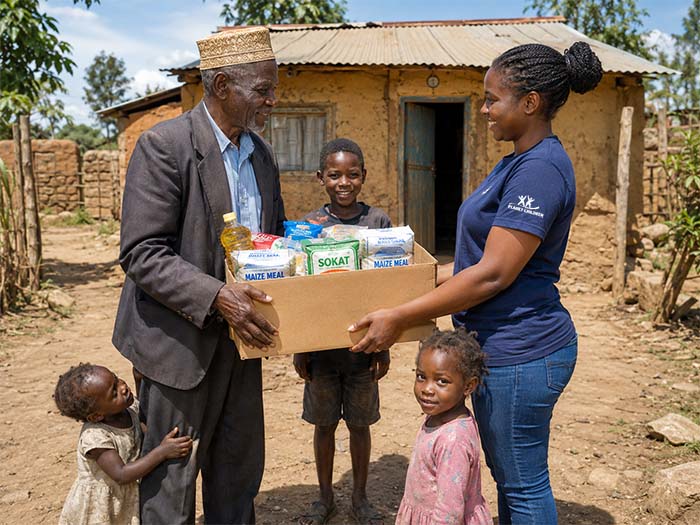 &Uuml;bergabe einer FoodBox mit Lebensmitteln an einen Gro&szlig;vater mit seinen Enkeln in Kenia.