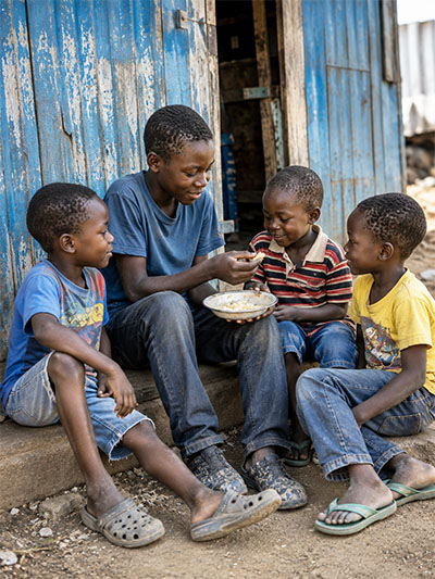 &Auml;lterer Junge teilt eine Mahlzeit mit j&uuml;ngeren Stra&szlig;enkindern in Afrika