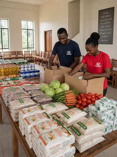Gepackte FoodBoxen mit Lebensmitteln f&uuml;r Familien in Afrika