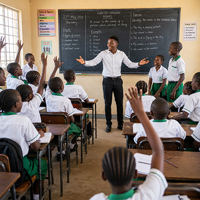  Ein motivierter Lehrer unterrichtet eine Klasse in Afrika. 