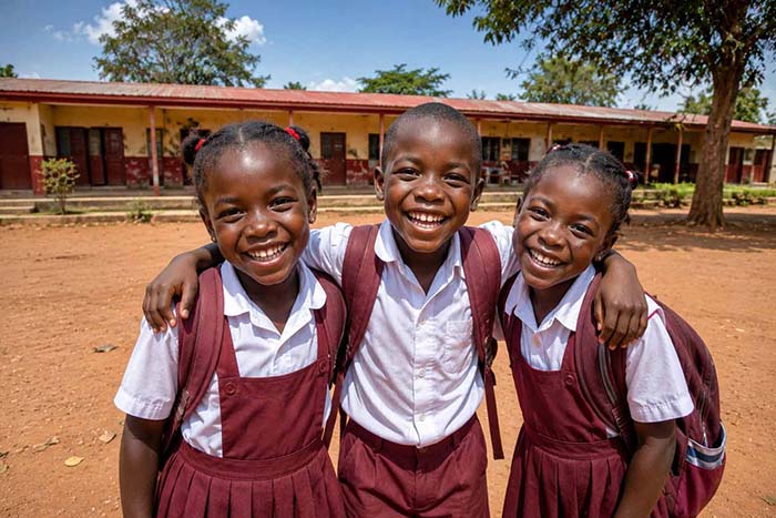 Drei Schulkinder auf dem Schulhof – Kinderpatenschaften schaffen Bildungschancen in Afrika.
