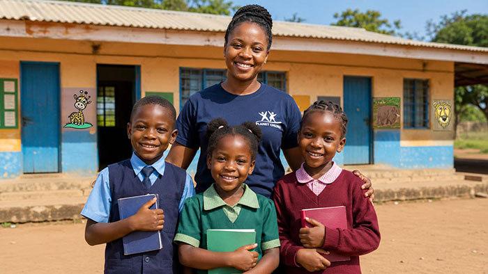 Drei Patenkinder mit Mitarbeiterin vor ihrer Schule – Kinderpatenschaften fördern Bildung in Afrika