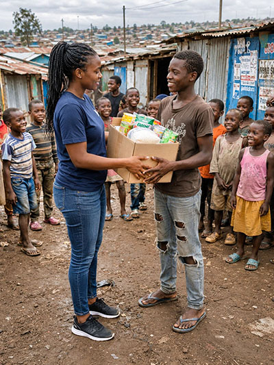 &Uuml;bergabe einer FoodBox mit Lebensmitteln an Stra&szlig;enkinder in Nairobi